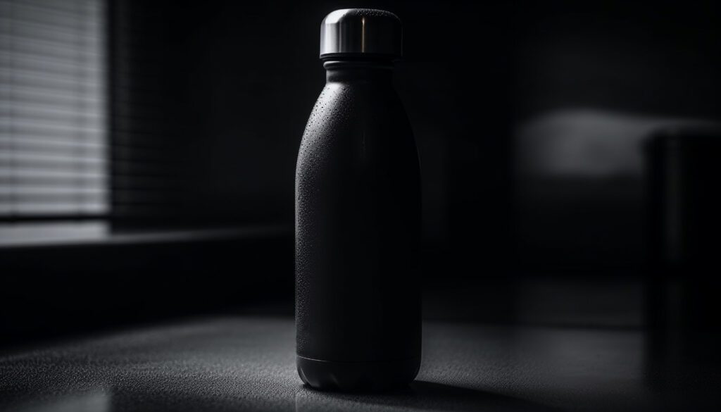 Black water bottle featuring a sleek design, perfect for on-the-go hydration with style. Eco-friendly and fashionable, this reusable bottle embodies a sustainable lifestyle.