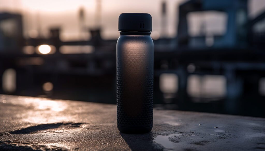 Stylish black water bottle, an eco-friendly choice for hydration. Its sleek design adds a touch of sophistication to your daily routine, blending fashion with functionality.